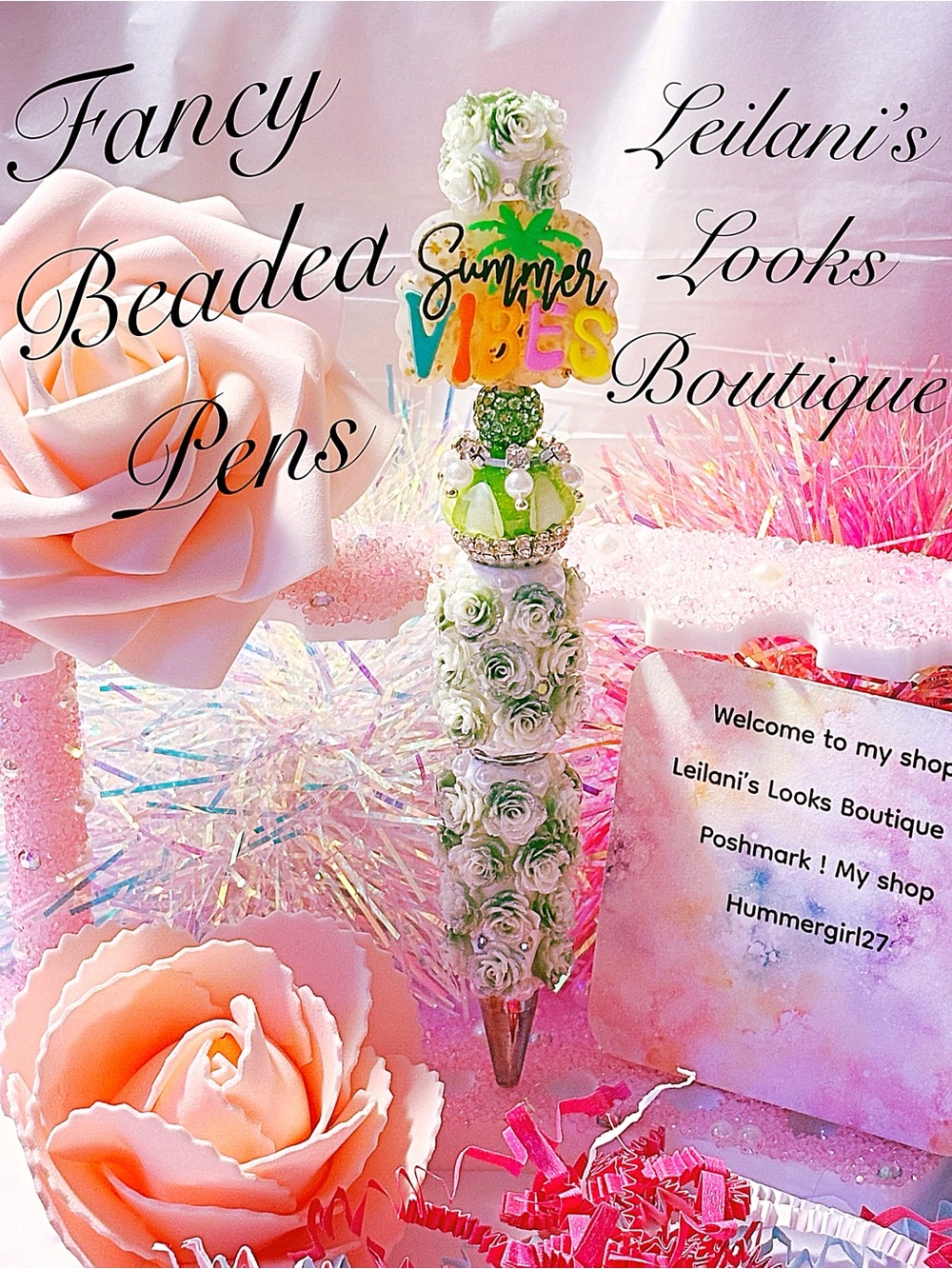 Green Beaded 'Summer Vibes' Decorative Pen/Fancy beaded Pen/gifts/summertime